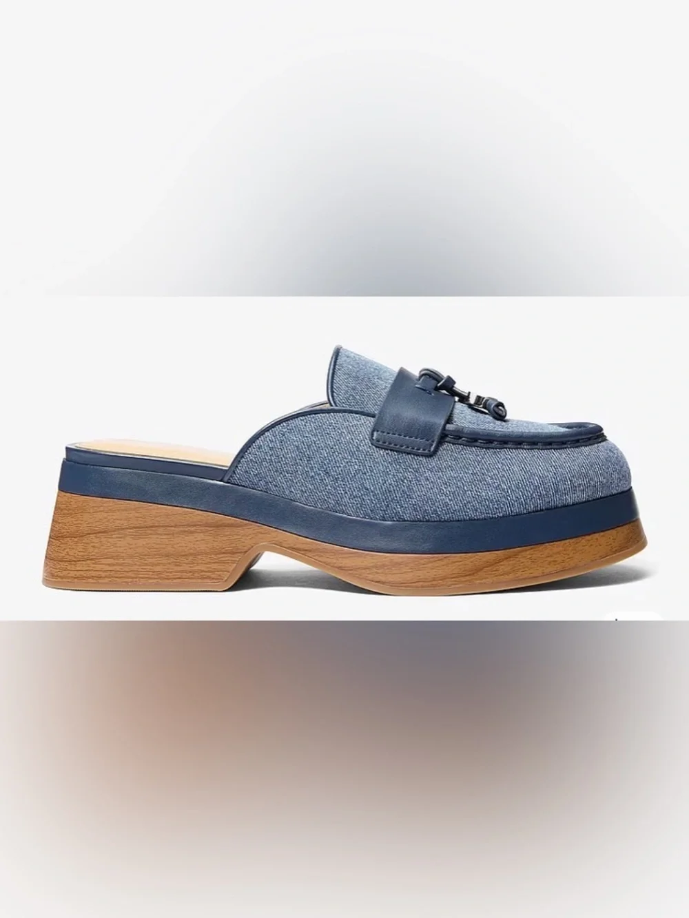Michael Kors Denim Blue Platform Clog Mules with Wood-Effect Sole: Size 7.5